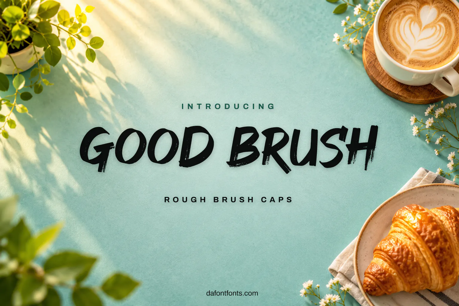 Good Brush font poster: brush caps on teal with coffee and a croissant