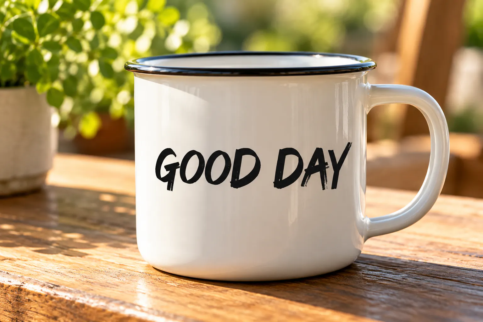 Good Brush font on a white mug reading GOOD DAY