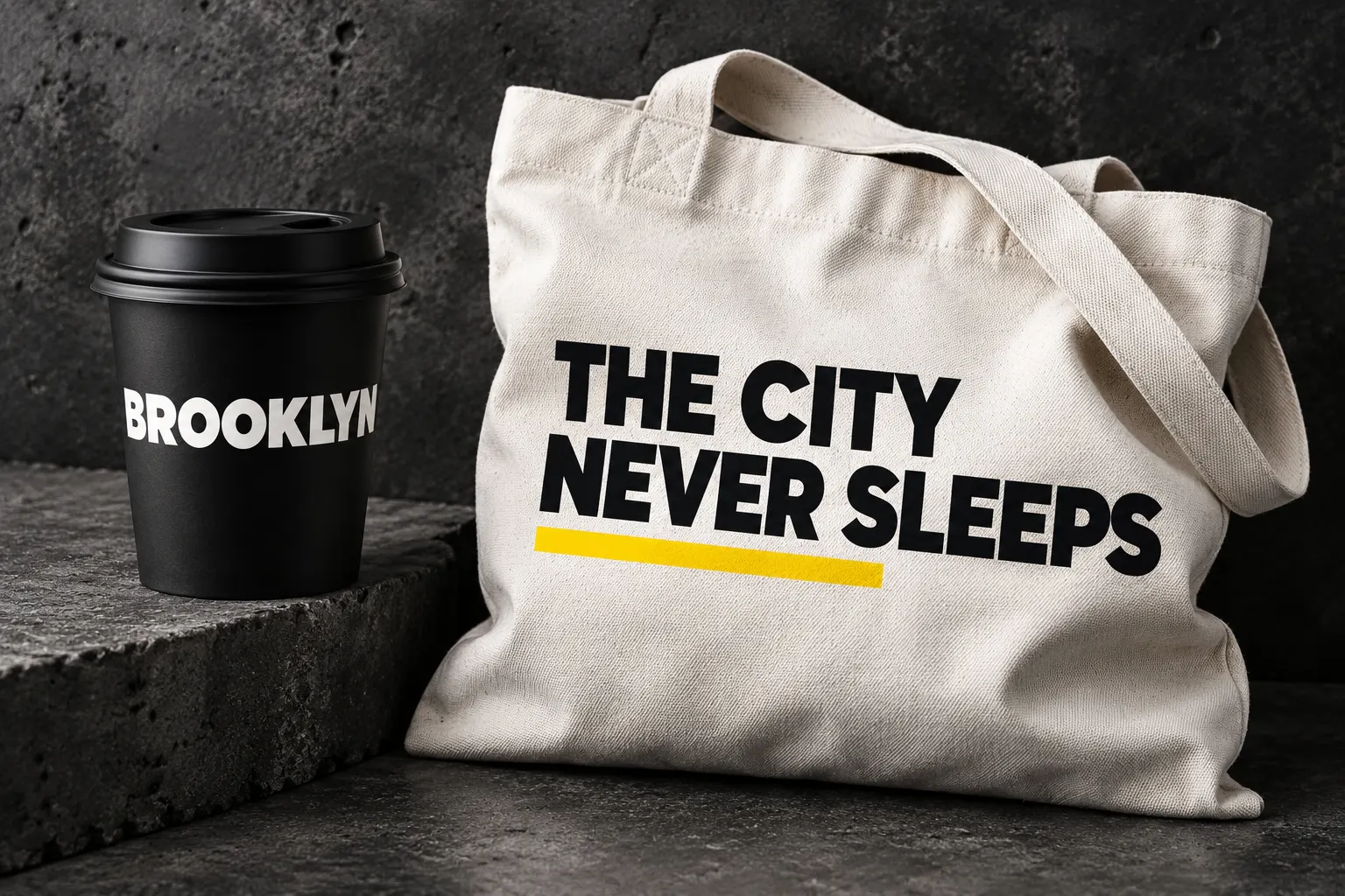 Gotham style lettering on a black coffee cup reading BROOKLYN and a tote bag reading THE CITY NEVER SLEEPS