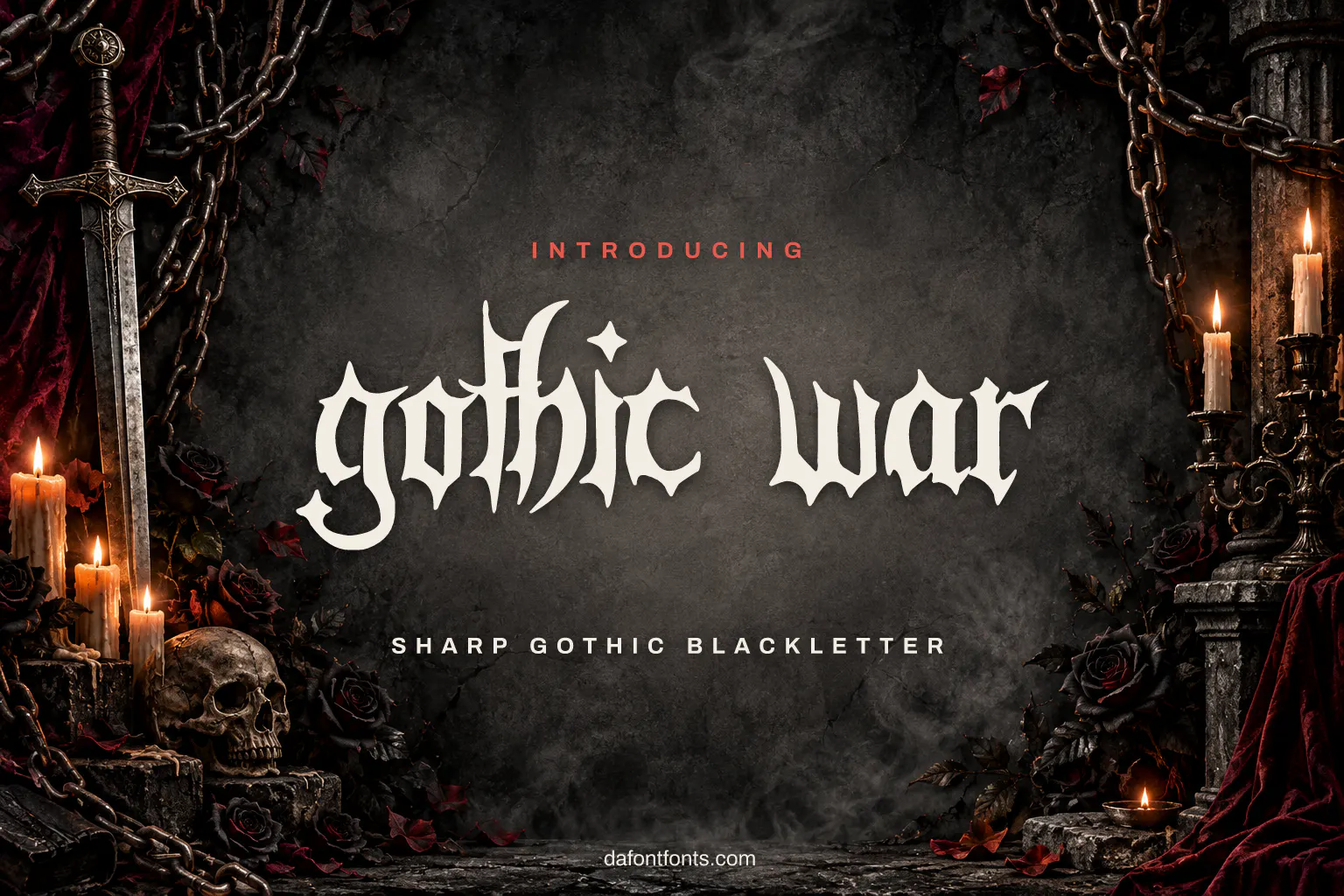 Gothic War font poster: gothic letters with iron chains, a sword and black roses