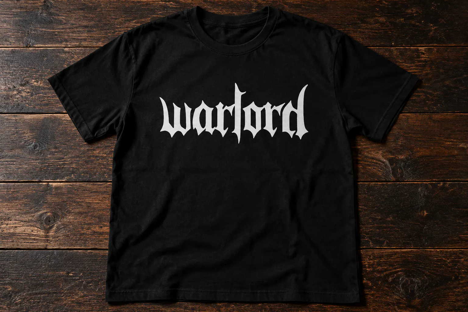 Gothic War font on a black t-shirt reading warlord
