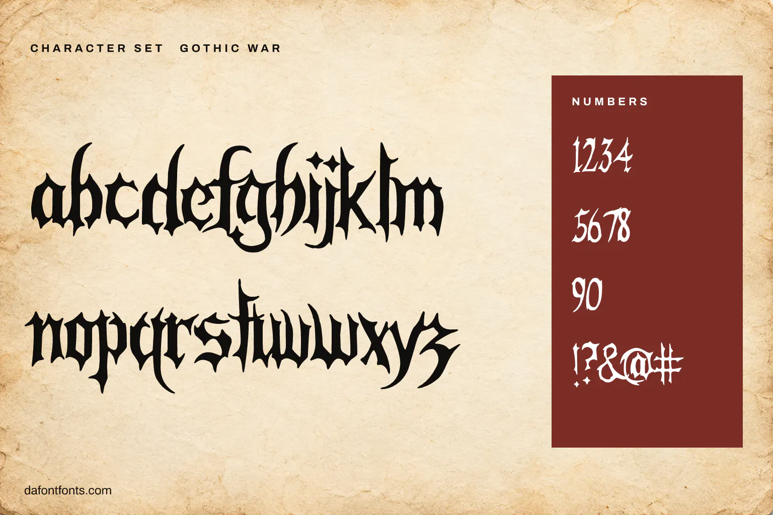 Gothic War character set: lowercase letters, numbers and symbols