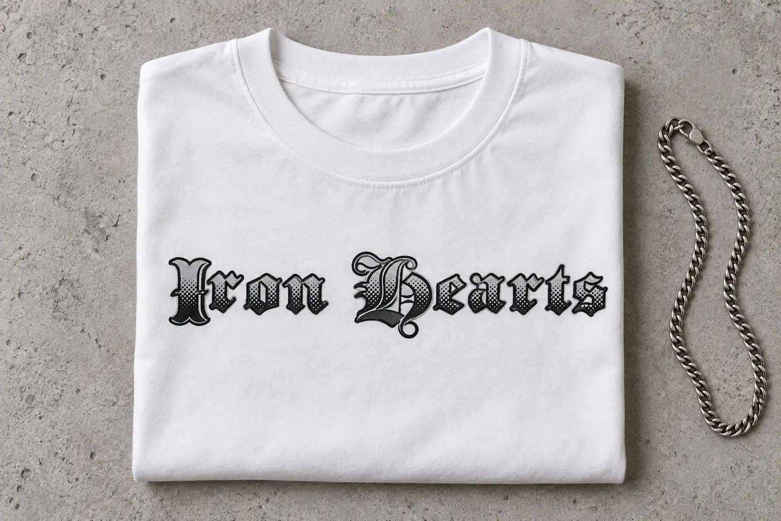 Gothik Steel font on a white t-shirt reading Iron Hearts