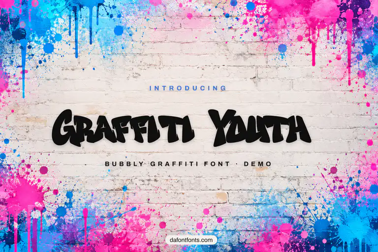 Graffiti Youth font poster: black bubbly graffiti on a brick wall with colorful spray paint