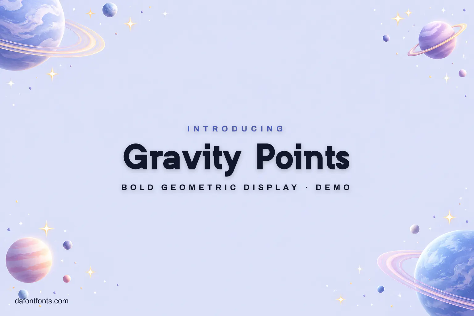 Gravity Points font poster: navy geometric letters on periwinkle with small planets