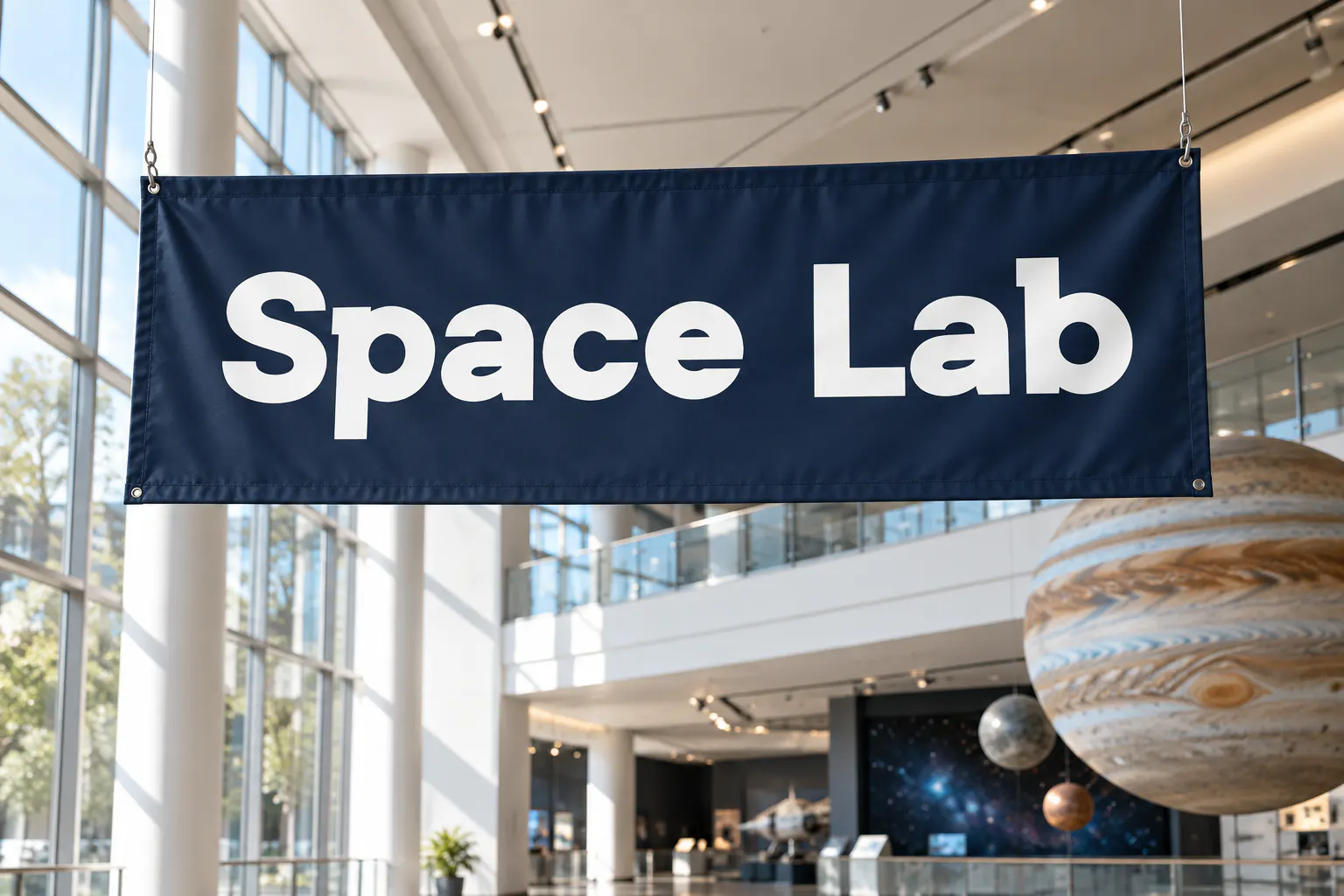 Gravity Points font on a museum banner reading Space Lab