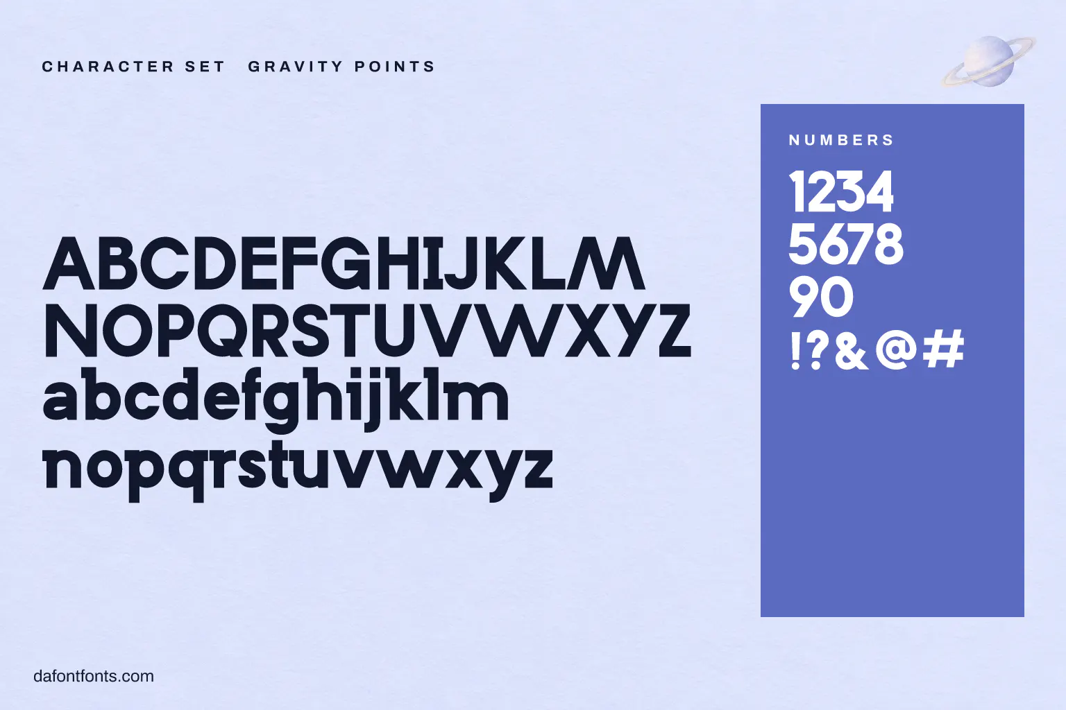 Gravity Points character set: alphabet, numbers and symbols