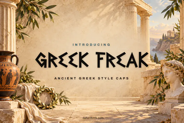 Greek Freak font poster: Greek-style caps with marble columns and laurel wreaths