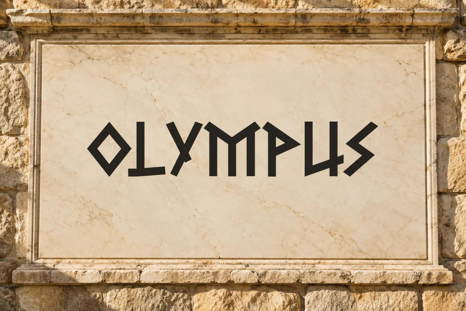 Greek Freak font on a marble slab reading OLYMPUS
