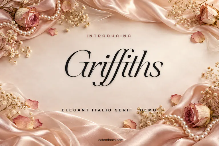 Griffiths font poster: black italic serif on a blush silk background with pearls