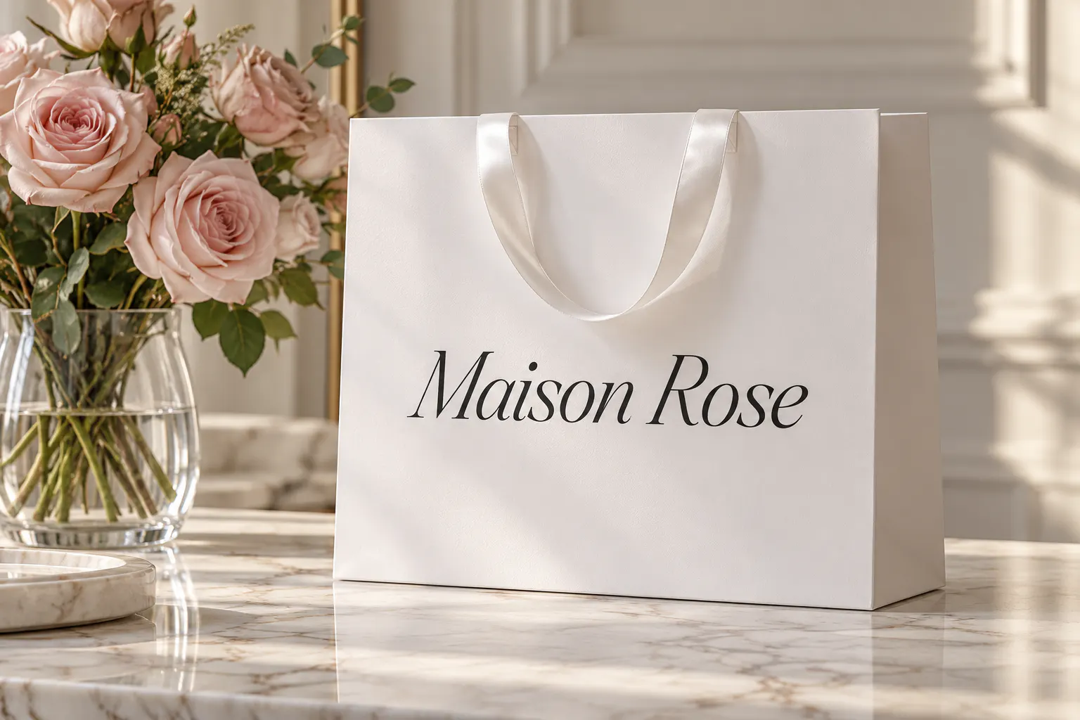 Griffiths font on a boutique bag reading Maison Rose