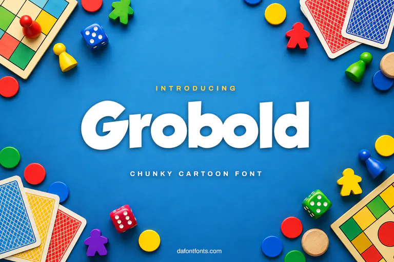 Grobold font poster: black chunky letters on a blue game-night background with dice