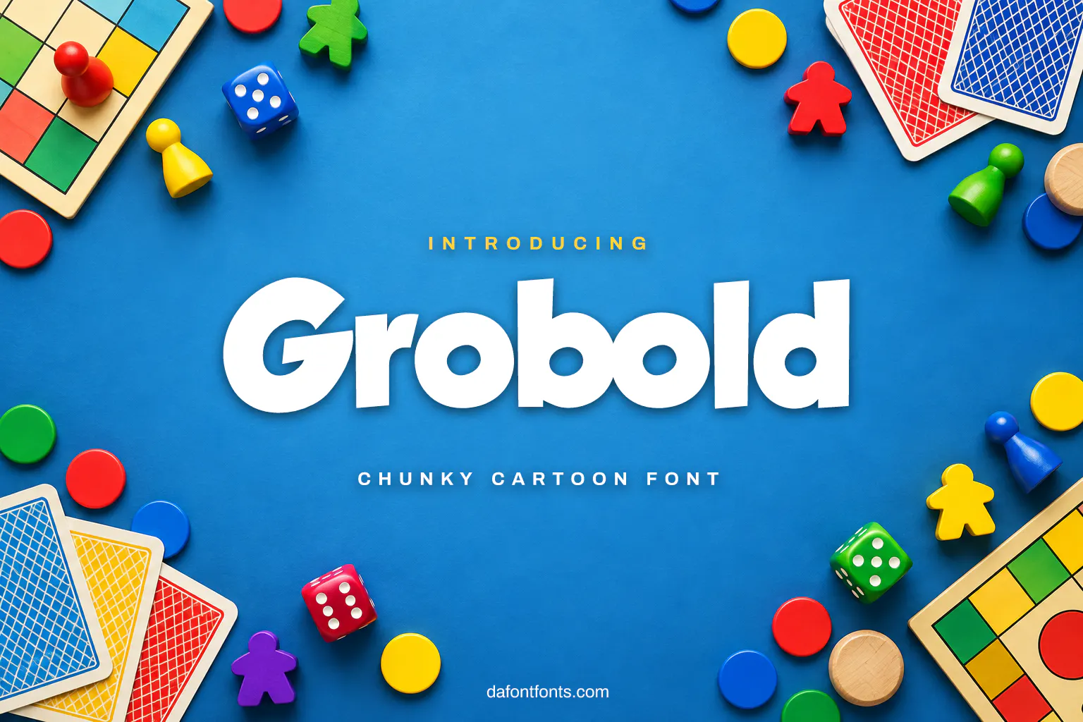 Grobold font poster: black chunky letters on a blue game-night background with dice