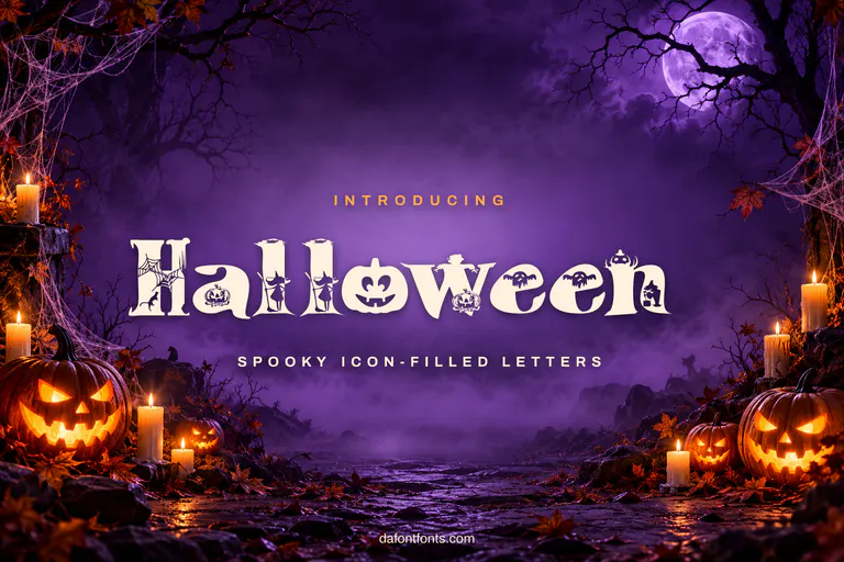 Halloween font poster: black spooky icon-filled letters on a pumpkin and candle background
