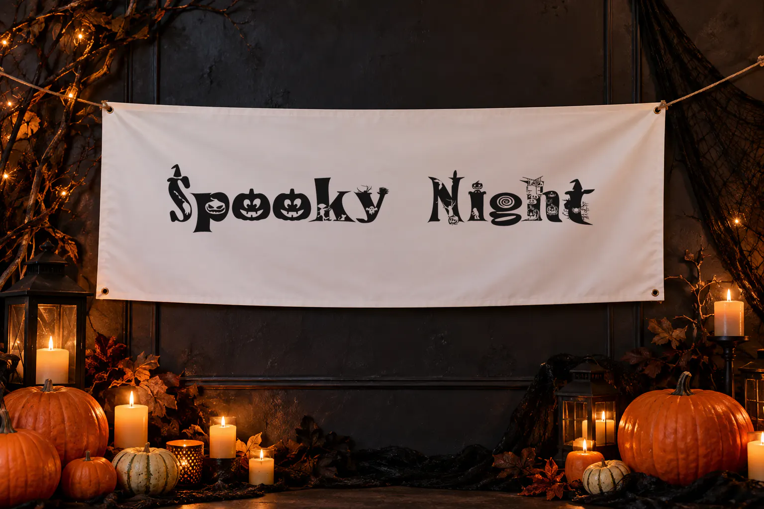 Halloween font on a Halloween party banner reading Spooky Night