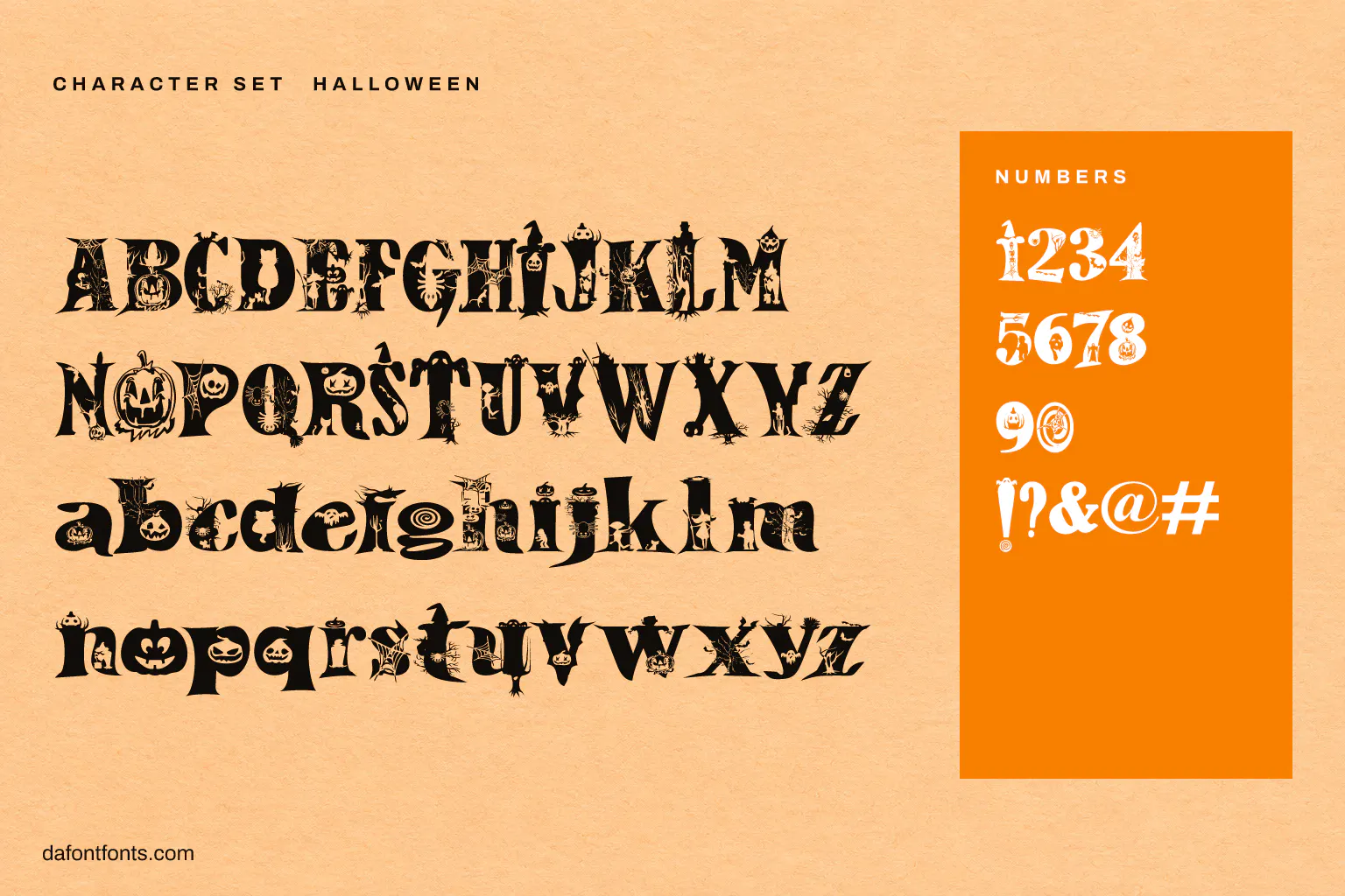Halloween character set: alphabet, numbers and symbols