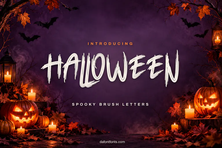 Halloween font poster: brush letters on dark purple with carved pumpkins and candles
