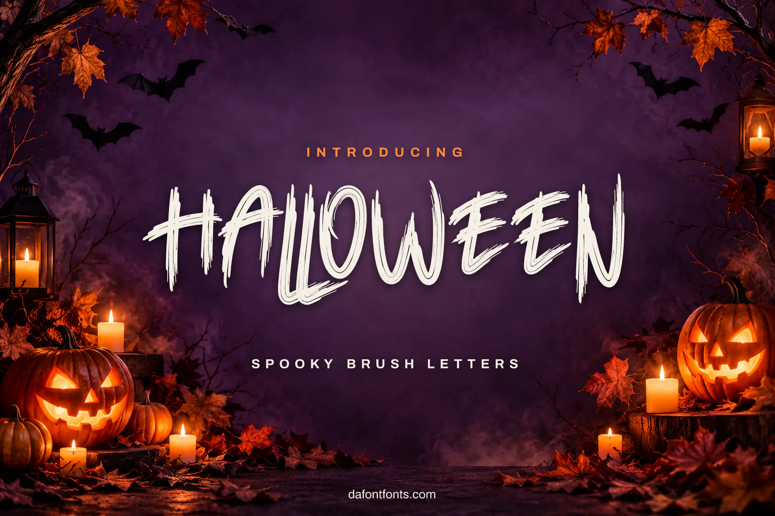Halloween font poster: brush letters on dark purple with carved pumpkins and candles