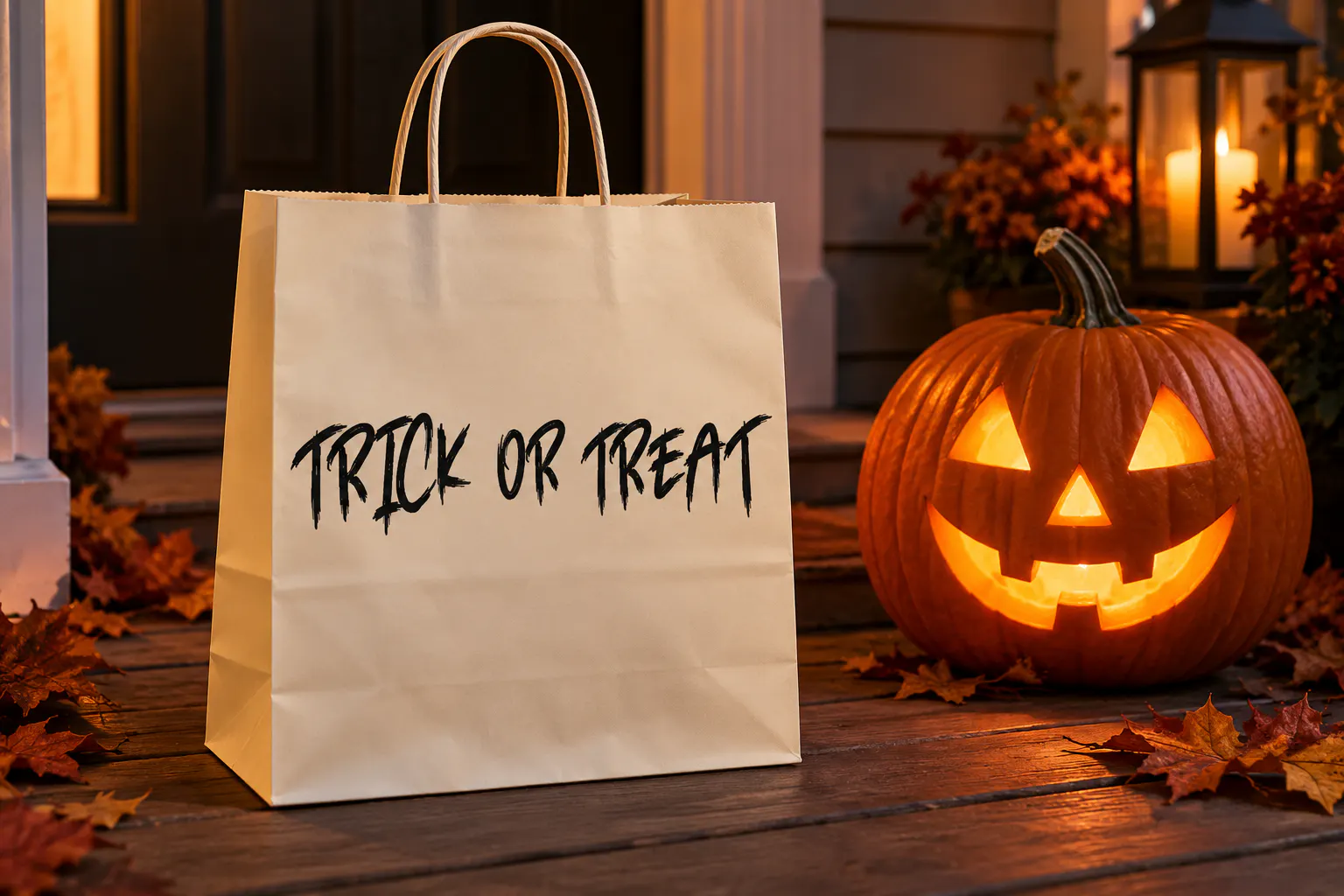 Halloween font on a paper treat bag reading Trick or Treat