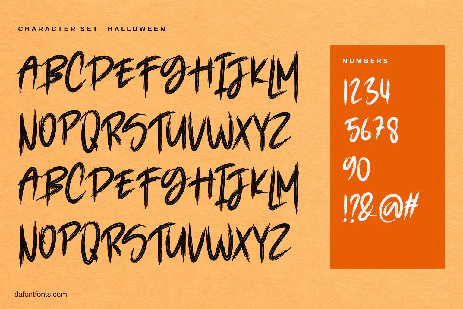 Halloween character set: alphabet, numbers and symbols