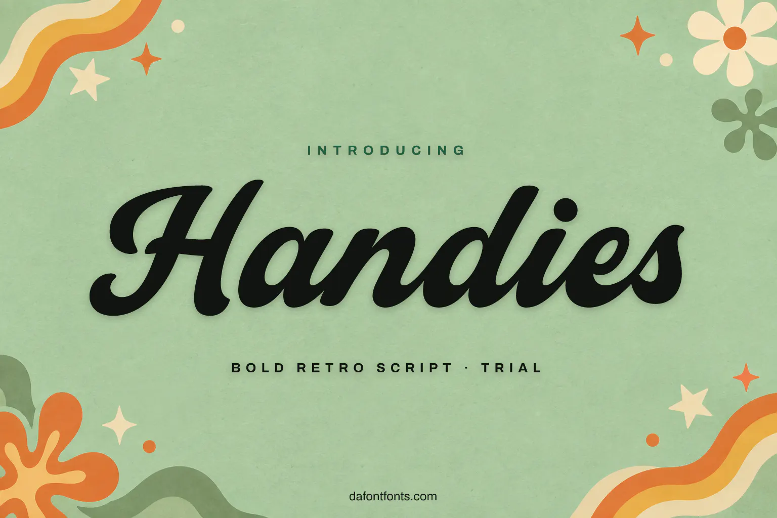Handies font poster: black retro script on a mint green background with retro shapes