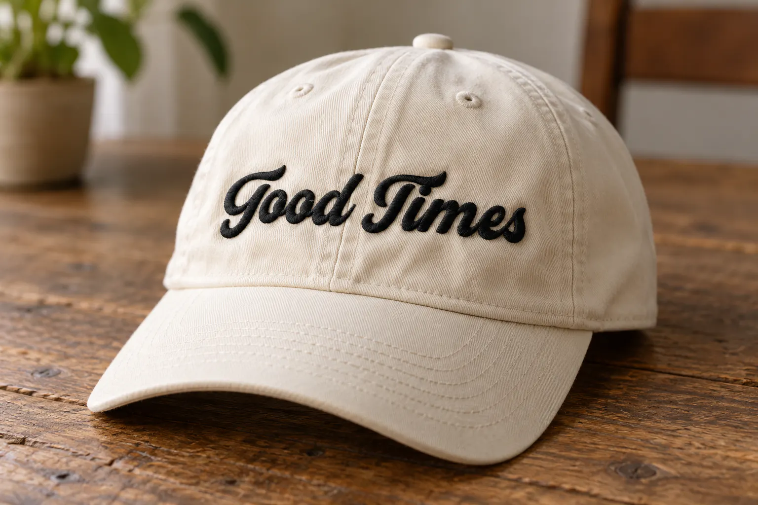 Handies font on a baseball cap reading Good Times