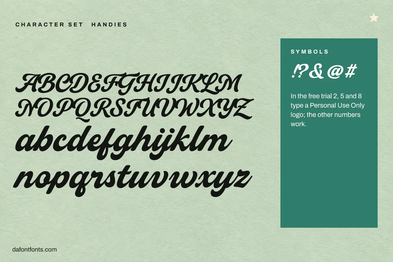 Handies character set: capitals, lowercase, numbers and symbols (the trial puts a logo on 2, 5 and 8)