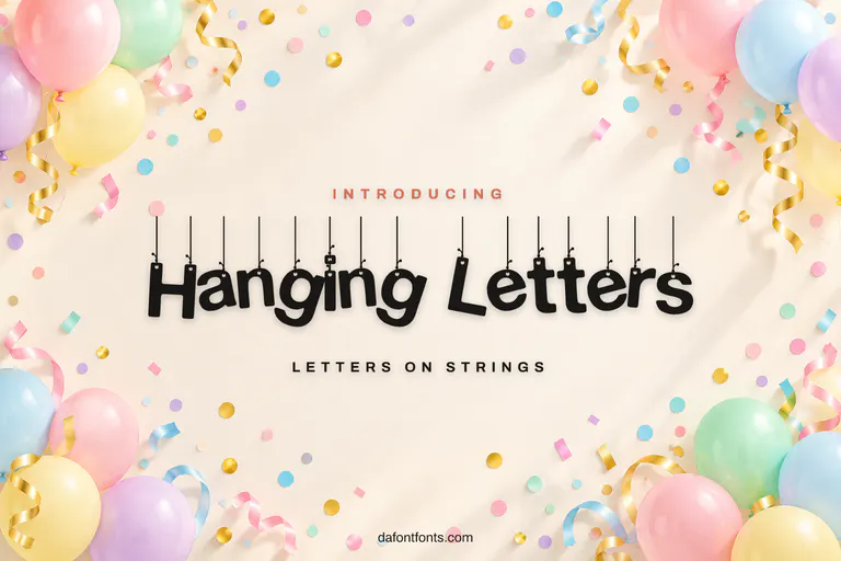 Hanging Letters font poster: black letters on strings on a cream party background with balloons