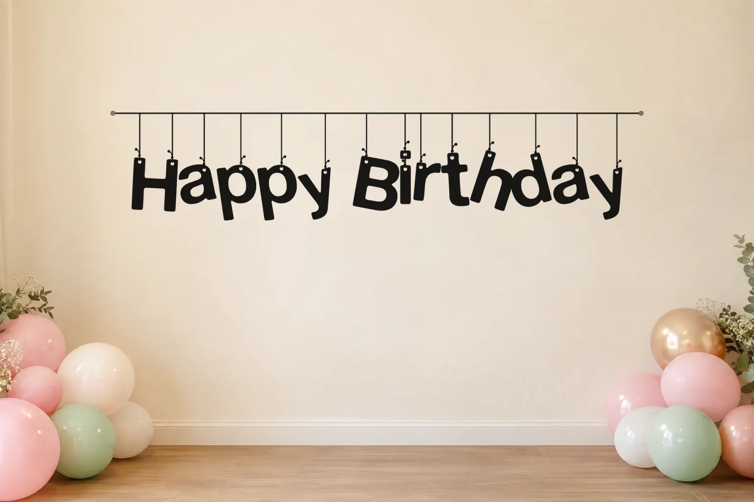 Hanging Letters font on a party wall with the words Happy Birthday hanging from a string line