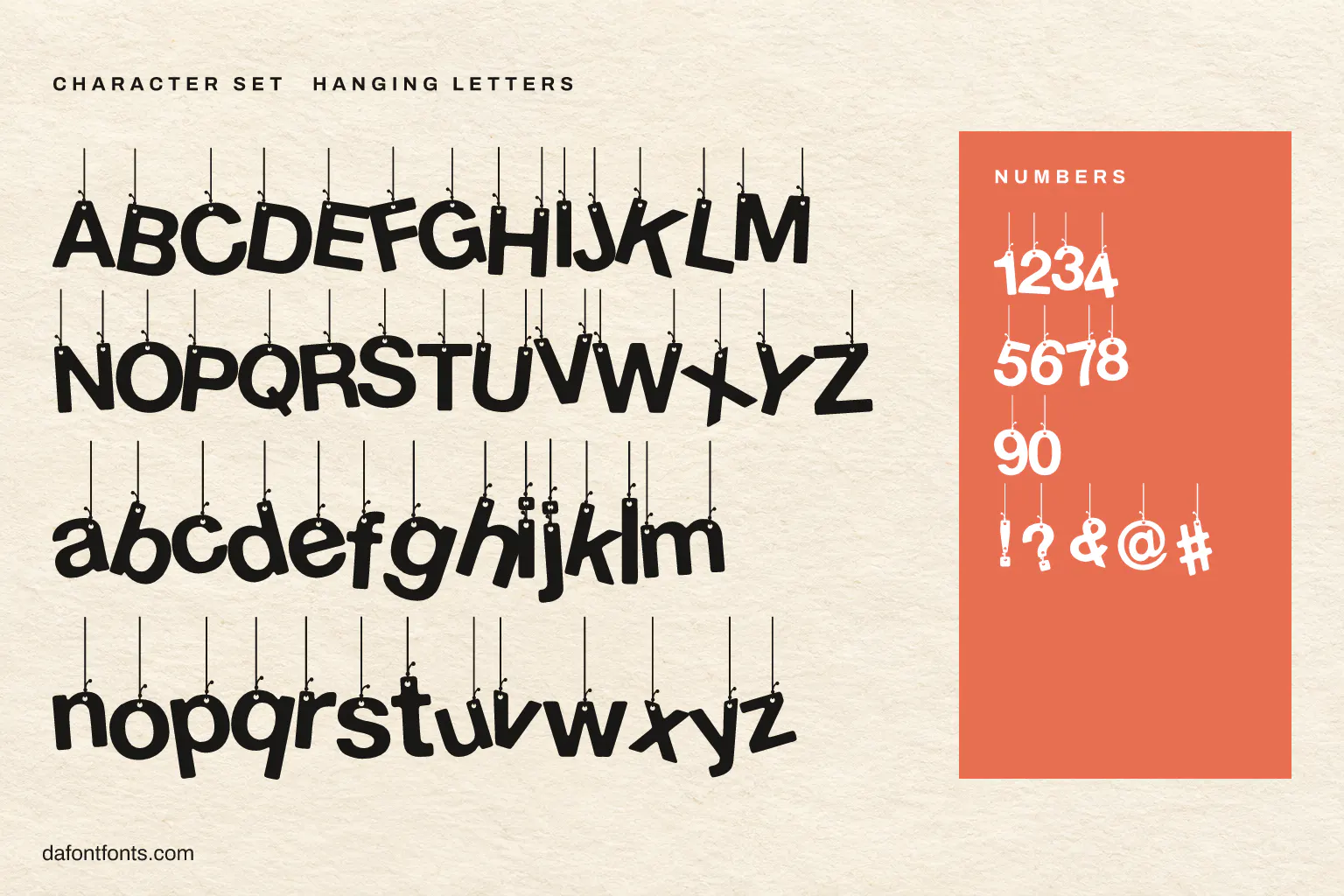Hanging Letters character set: alphabet, numbers and symbols