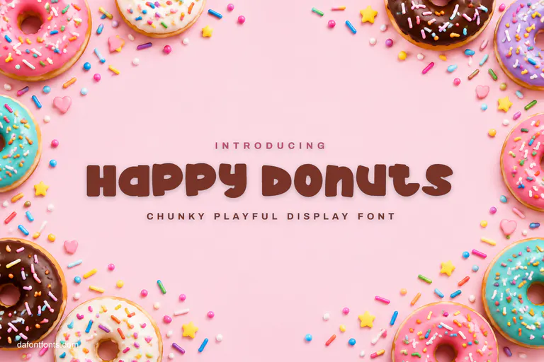 Happy Donuts font poster: brown chunky letters on pastel pink with donuts