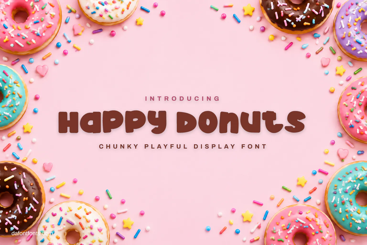 Happy Donuts font poster: brown chunky letters on pastel pink with donuts