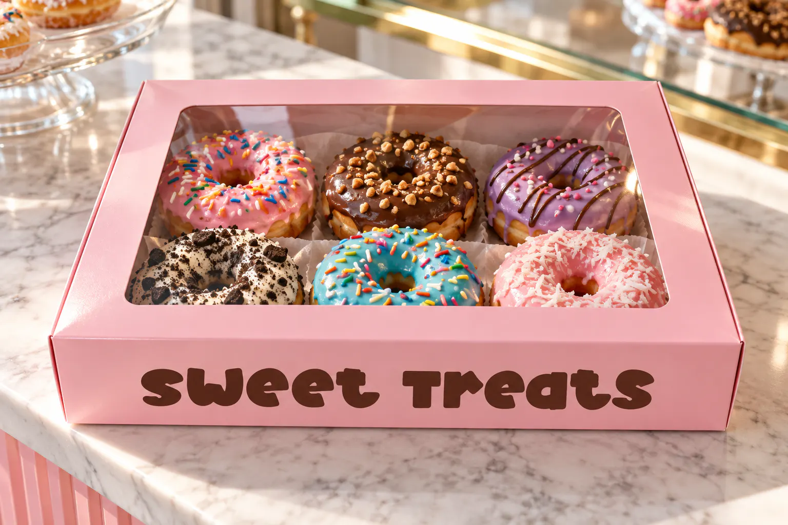 Happy Donuts font on a donut box reading Sweet Treats
