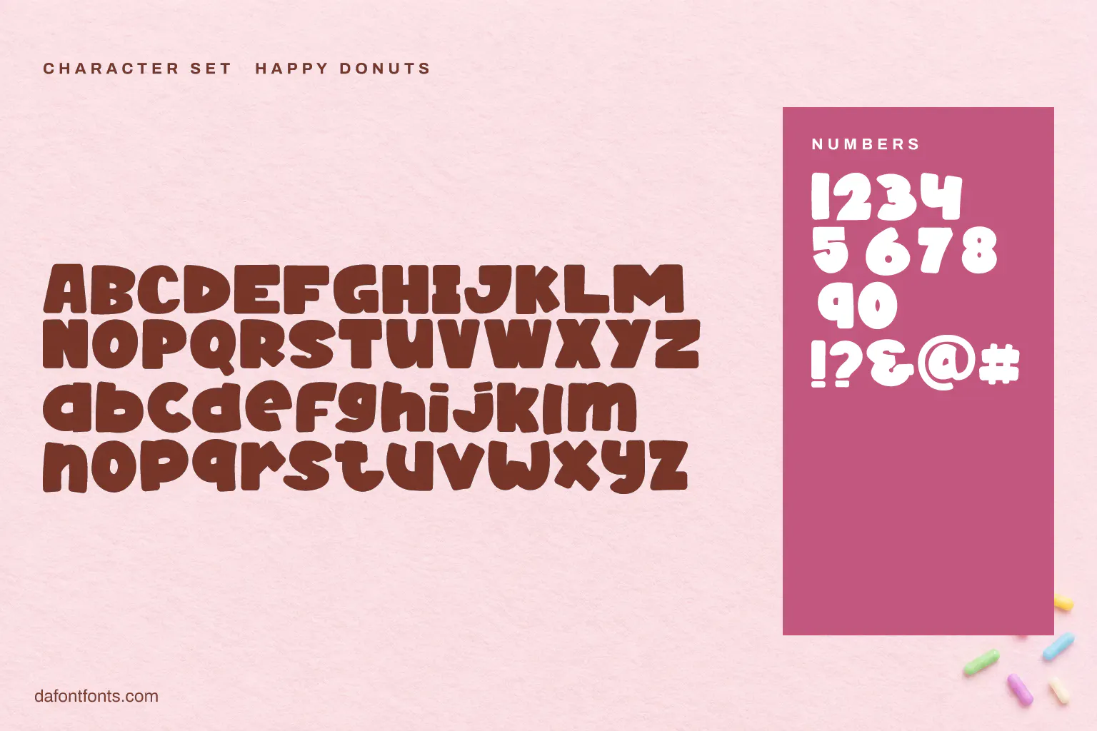 Happy Donuts character set: alphabet, numbers and symbols