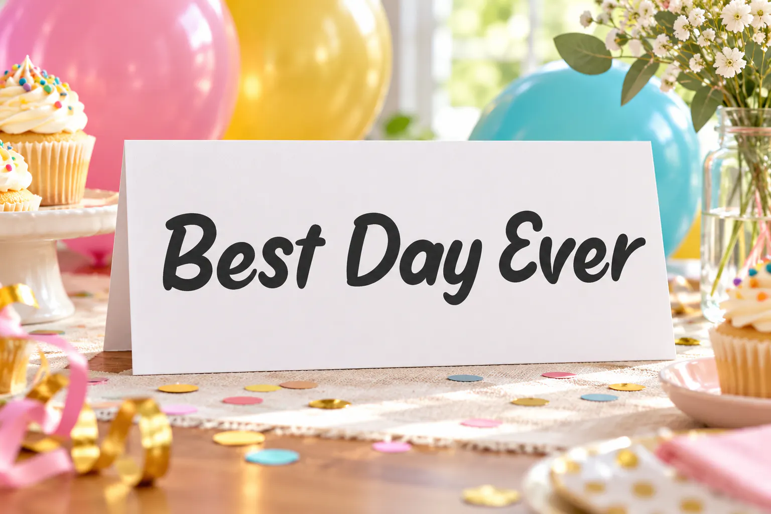 Happy Moment font on a party card reading Best Day Ever