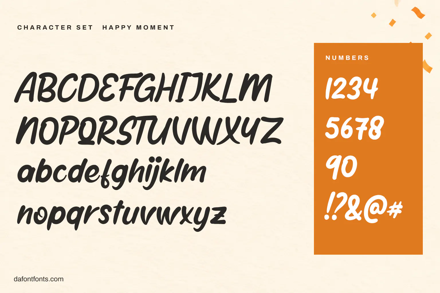 Happy Moment character set: alphabet, numbers and symbols