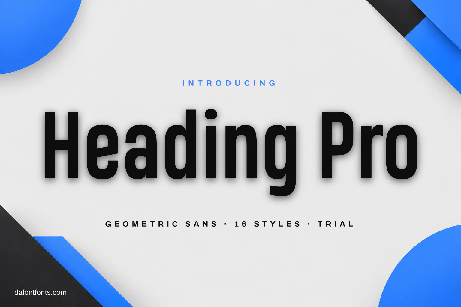 Heading Pro font poster: bold black condensed letters on light grey with blue shapes