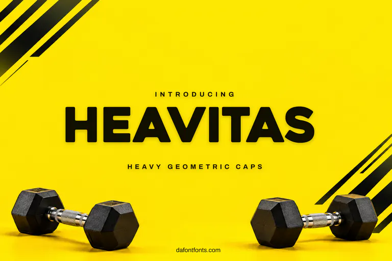 Heavitas font poster: heavy black capitals on a bright yellow background with bold stripes