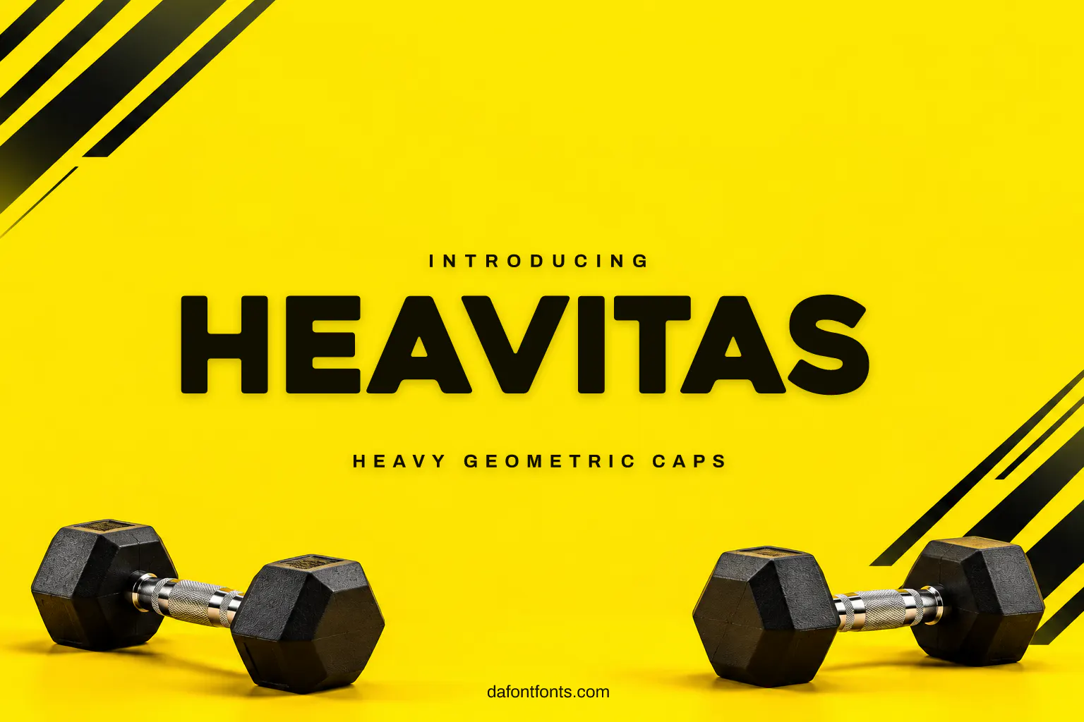 Heavitas font poster: heavy black capitals on a bright yellow background with bold stripes