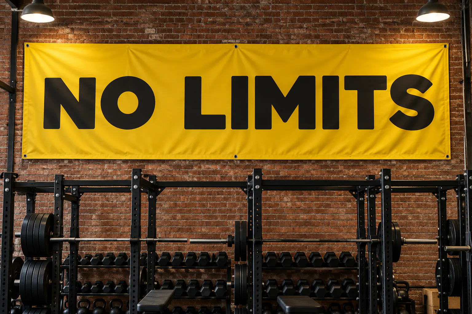 Heavitas font on a gym banner reading NO LIMITS