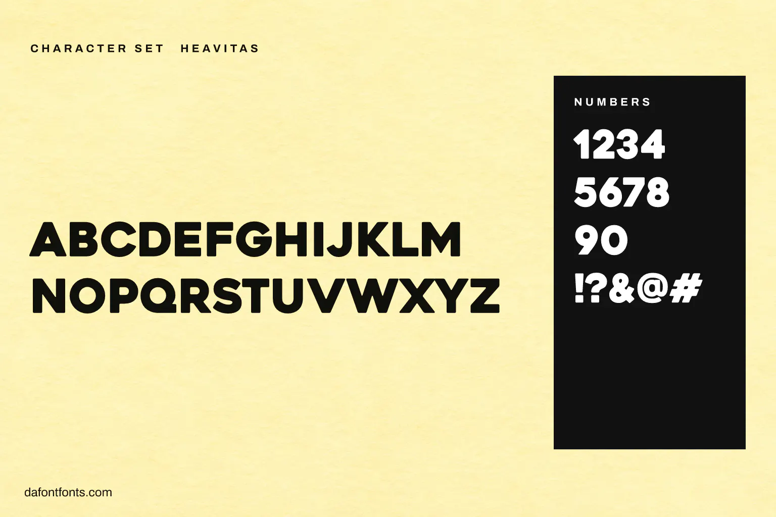 Heavitas character set: capitals, numbers and symbols (lowercase keys type capitals)