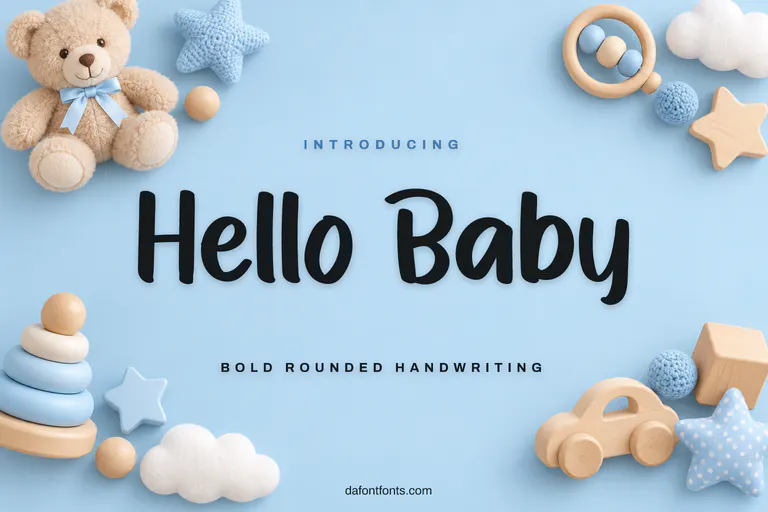 Hello Baby font poster: bold black letters on a soft baby blue background with toys