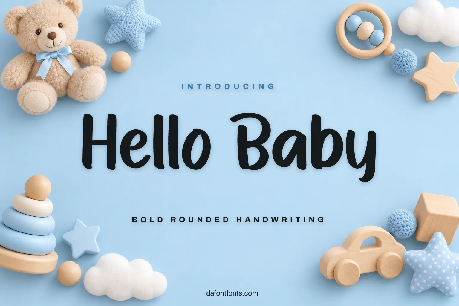 Hello Baby font poster: bold black letters on a soft baby blue background with toys