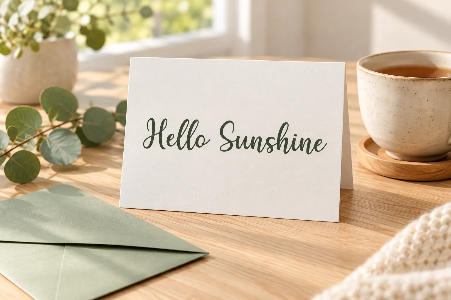 Hello font on a white greeting card reading Hello Sunshine