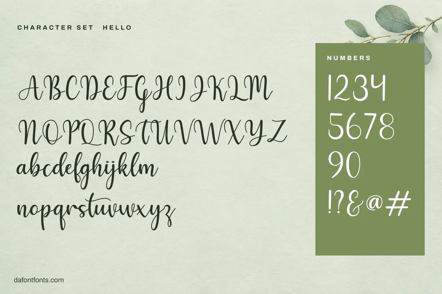 Hello character set: alphabet, numbers and symbols