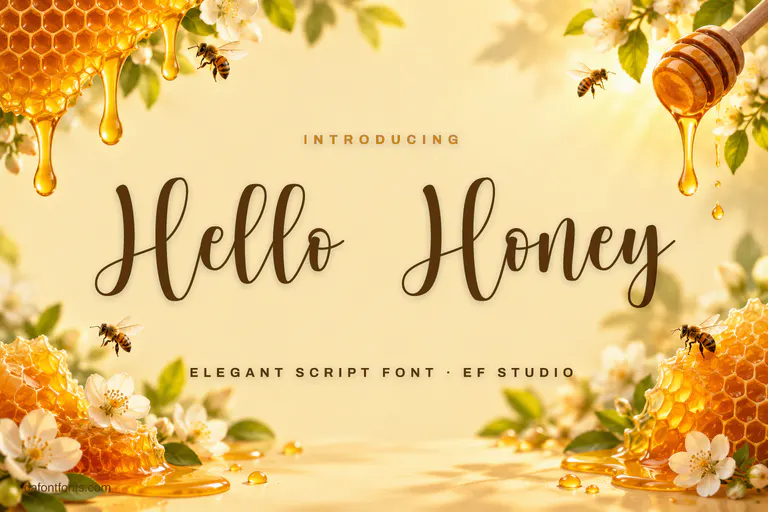 Hello Honey font poster: brown script on golden cream with honeycomb