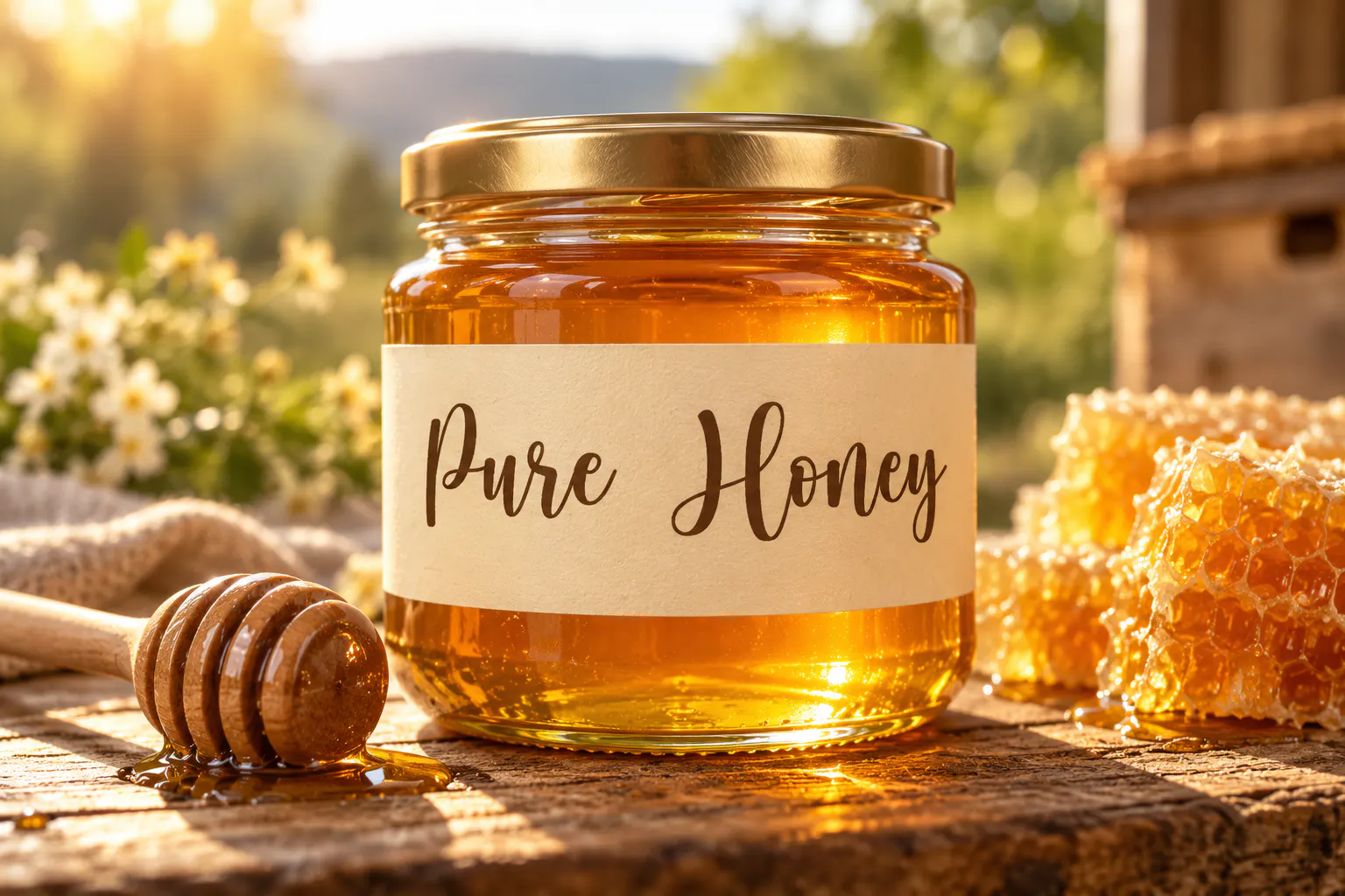 Hello Honey font on a honey jar label reading Pure Honey