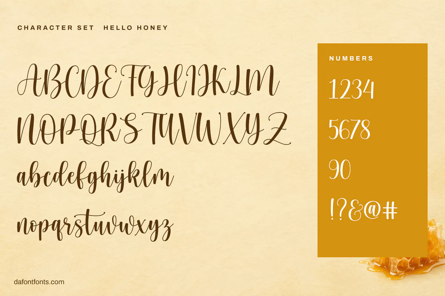 Hello Honey character set: alphabet, numbers and symbols