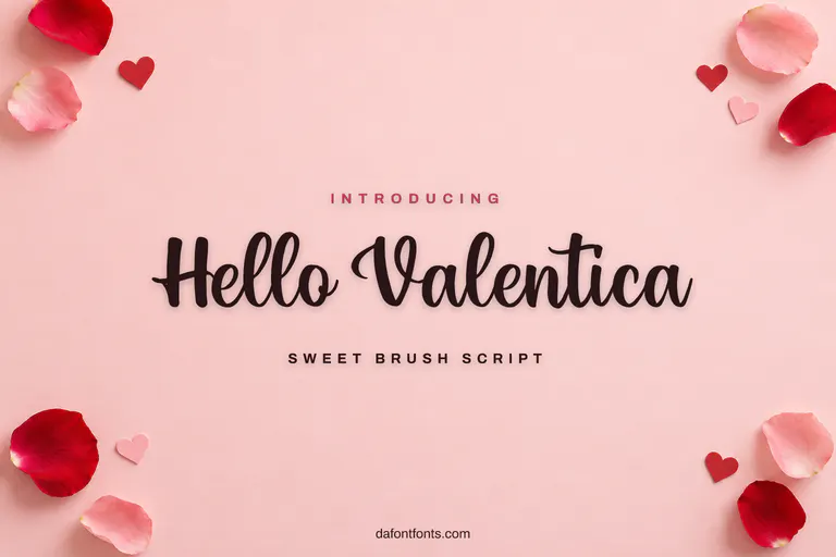 Hello Valentica font poster: dark brush script on a blush pink background with paper hearts