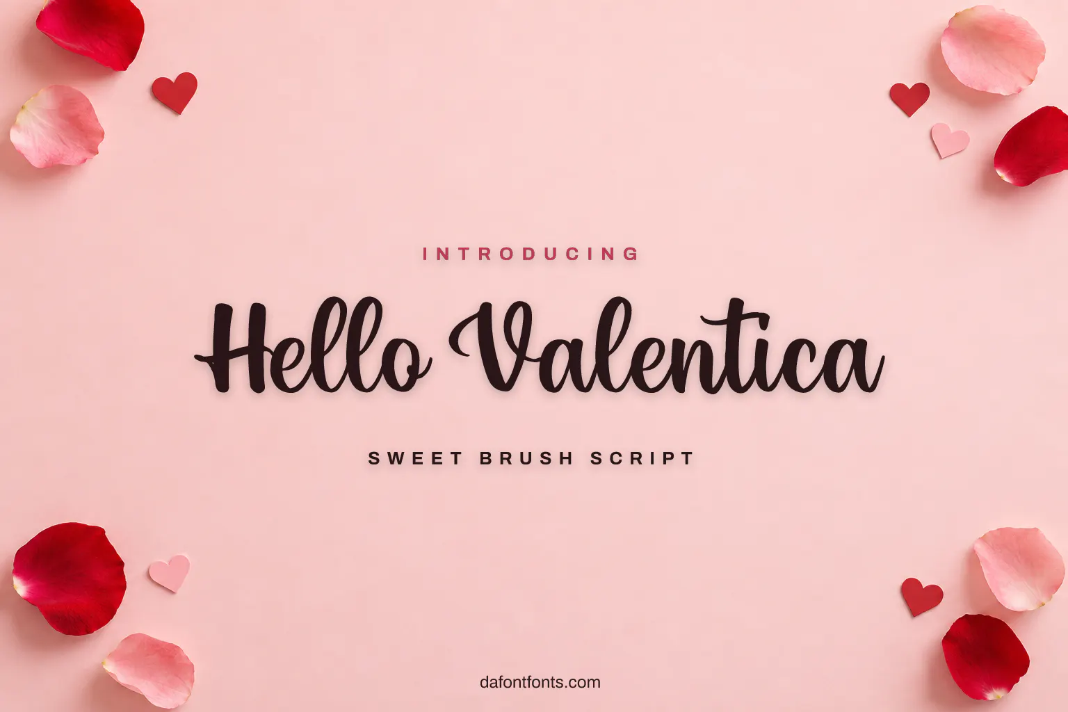 Hello Valentica font poster: dark brush script on a blush pink background with paper hearts
